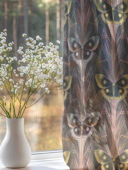 Sheer curtain panel featuring an alternating pattern of golden yellow and silver-gray moths arranged in vertical columns against a dusky background, with delicate rose-gold botanical details connecting each specimen.